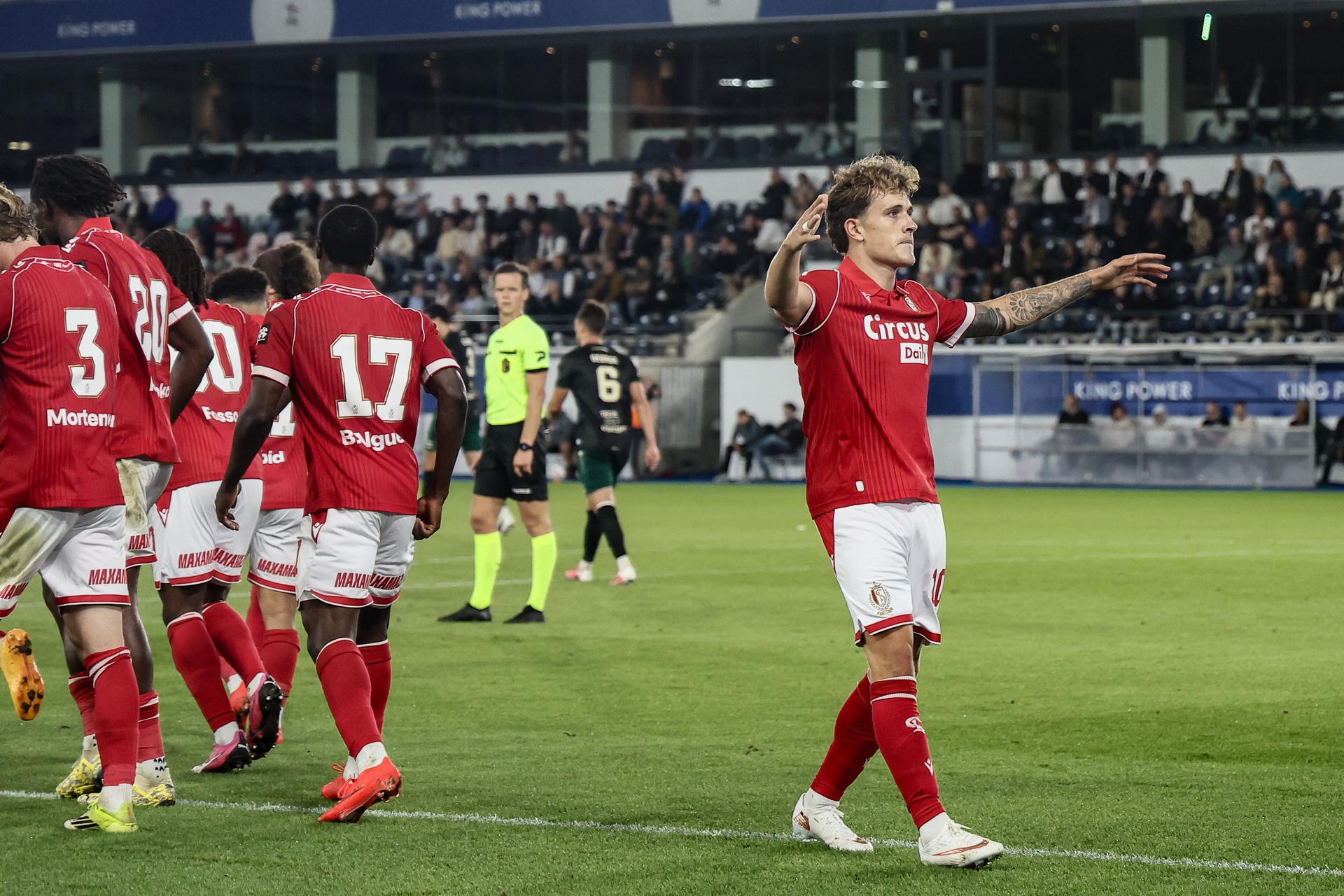 Standard's Dennis Eckert celebrates after scoring during a soccer match between Oud-Heverlee Leuven and Standard de Liège, Saturday 29 August 2026 in Leuven, on day 4 of the 2026-2027 'Jupiler Pro League' first division of the Belgian championship. BELGA PHOTO BRUNO FAHY