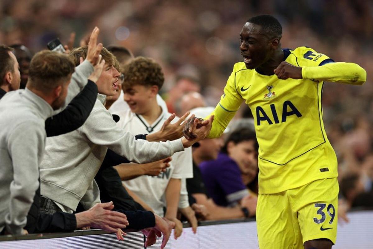 Tottenham Hotspur's French striker #39 Randal Kolo Muani enjoys a moment with supporters after being substituted off during the English Premier League football match between Aston Villa and Tottenham Hotspur at Villa Park in Birmingham, central England on May 3, 2026.  Adrian Dennis / AFP