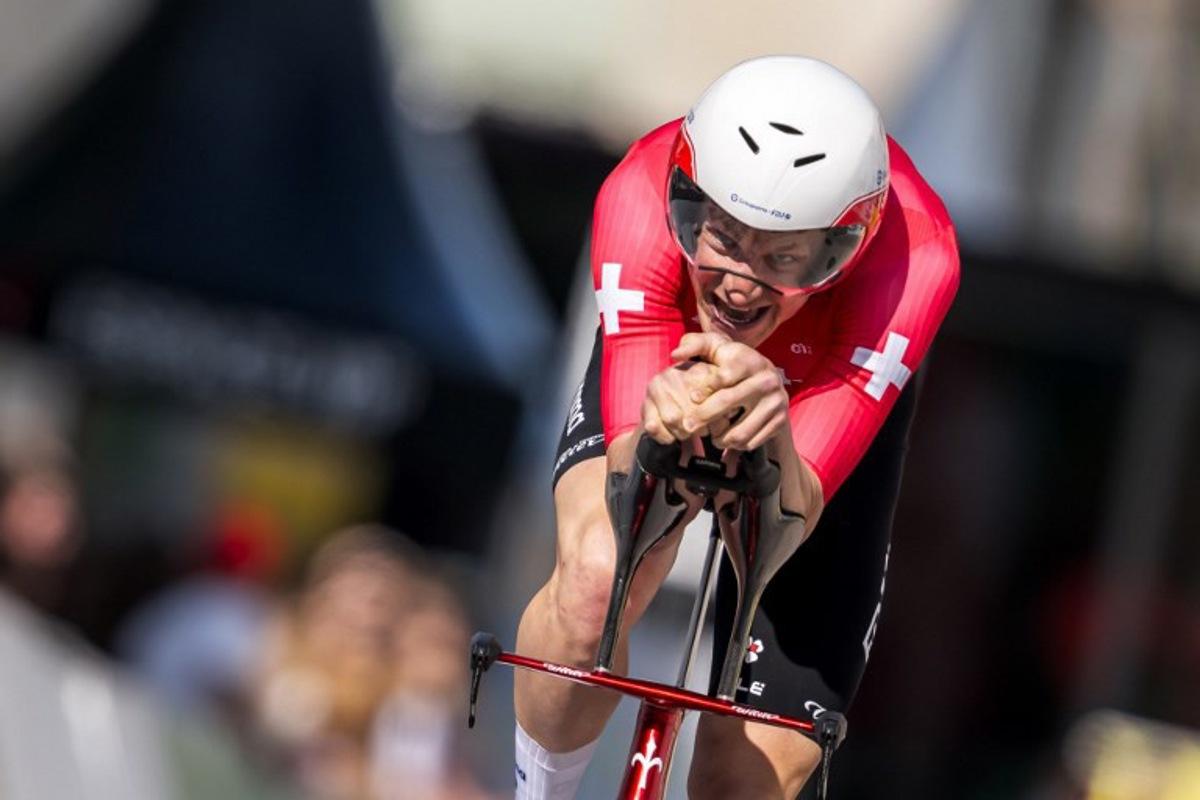 Switzerland's Stefan Küng (Groupama) competes in the prologue of the Tour of Romandie UCI cycling World tour, a 3.4 km time trial from Saint-Imier to Saint-Imier, on April 29, 2025.  Fabrice COFFRINI / AFP