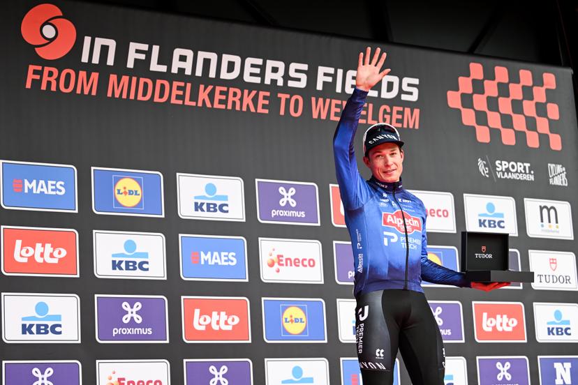 Belgian Jasper Philipsen of Alpecin-Premier Tech celebrates on the podium after winning the men elite 'Middelkerke-Wevelgem - In Flanders Fields' one day cycling race, 240.8 km from Middelkerke to Wevelgem, on Sunday 29 March 2026. BELGA PHOTO MAARTEN STRAETEMANS
