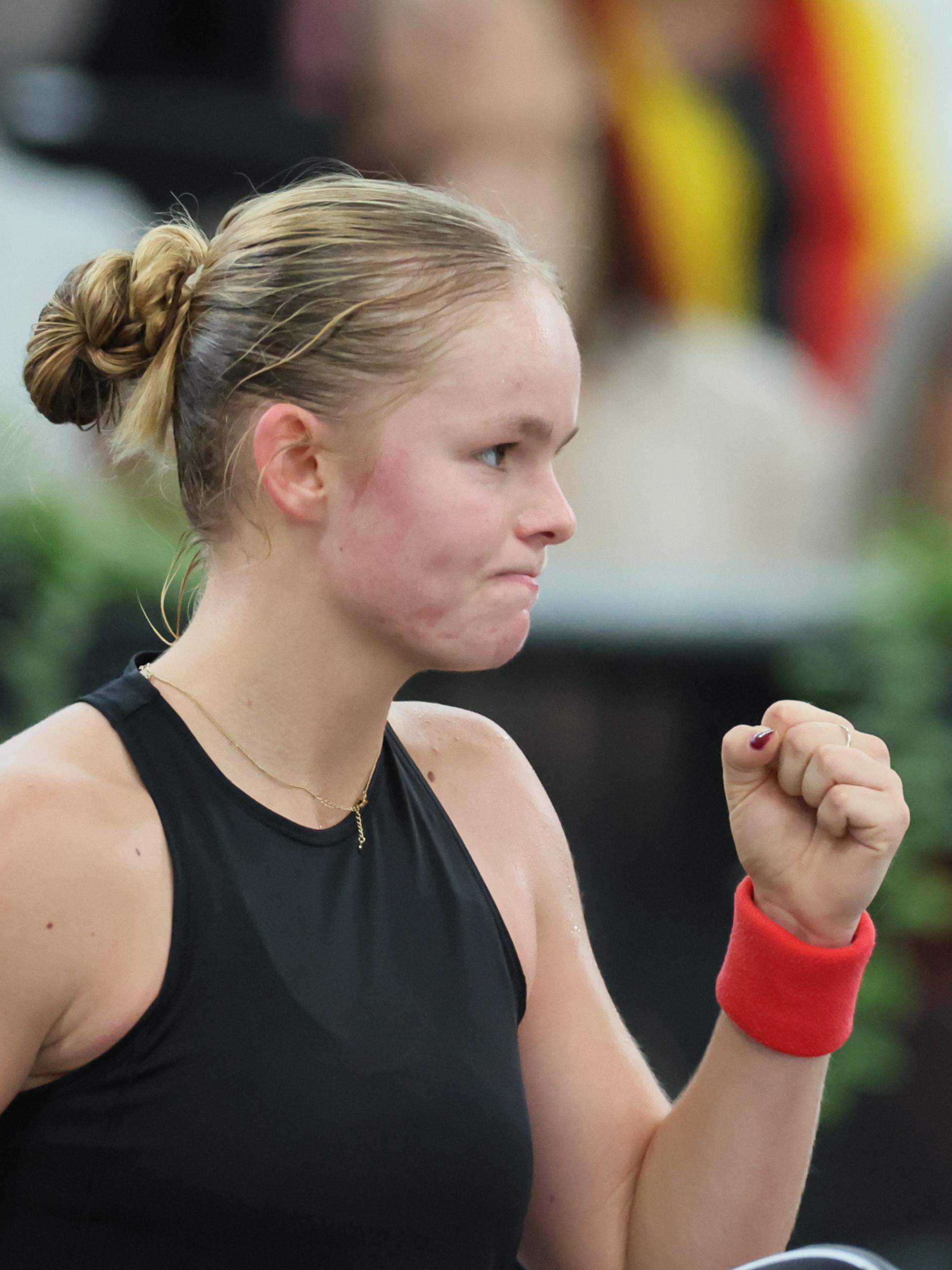 Belgian Jeline Vandromme reacts during the first game between Belgian Vandromme and German Friedsam in the Billie Jean King Cup Play-offs, between Belgium and Germany, on Sunday 16 November 2025 in Ismaning, Germany. PHOTO BENOIT DOPPAGNE