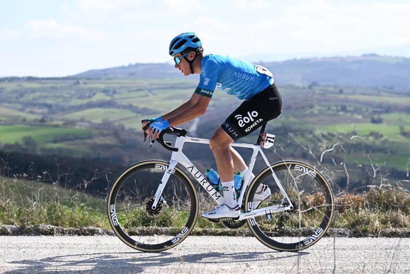 Hungarian Erik Fetter of Eolo-Kometa pictured in action during the men's elite race of the 'Strade Bianche' one day cycling race (184km) from and to Siena, Italy, Saturday 04 March 2023. BELGA PHOTO DIRK WAEM