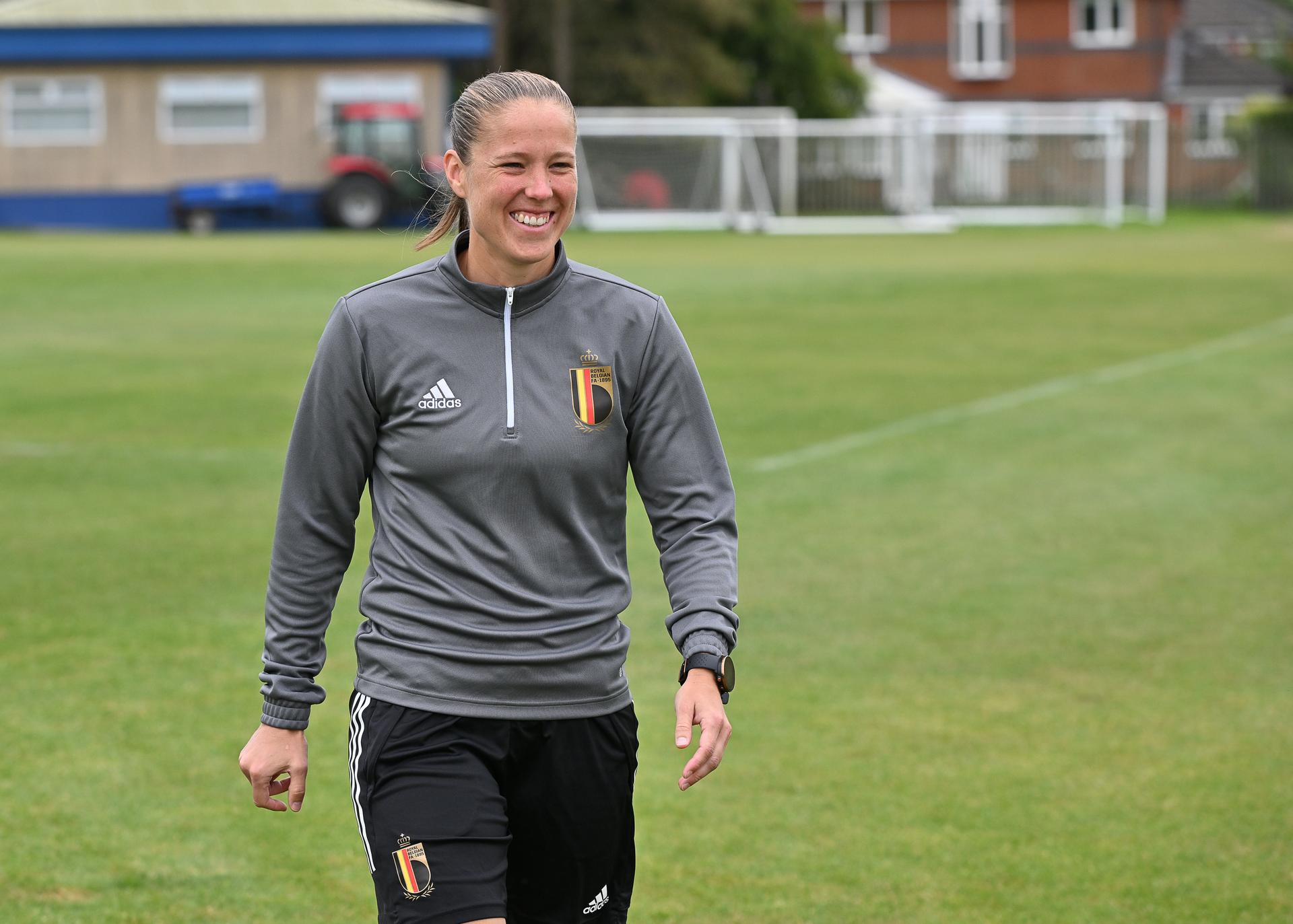 Belgium's assistant coach Lenie Onzia pictured during a training session of Belgium's national women's soccer team the Red Flames, Thursday 21 July 2022 in Wigan, England. On Friday the team will meet Sweden in the quarter-finals of the 2022 UEFA European Women's Football Championship. BELGA PHOTO DAVID CATRY