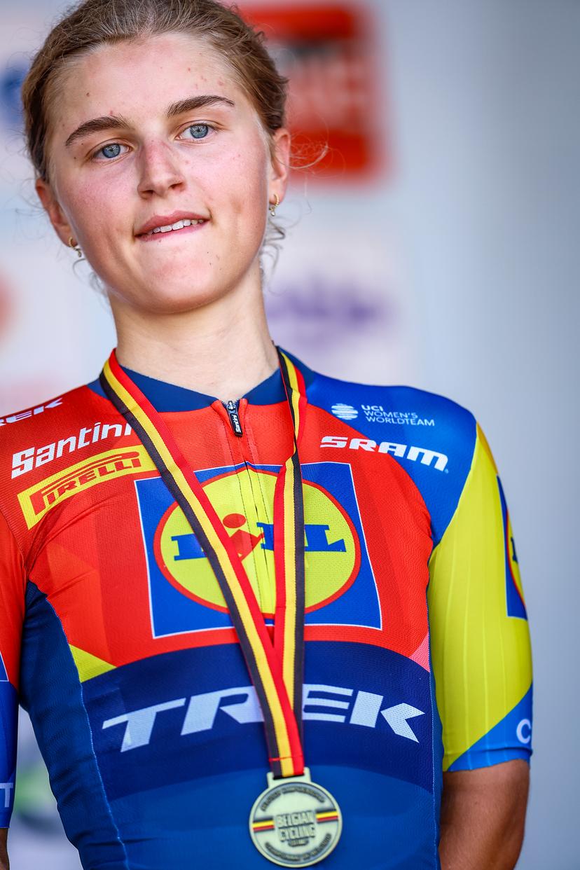 Belgian Fleur Moors of Lidl-Trek pictured on the podium after the women's elite road race of the Belgian Cycling Championships, 132,8 km from and to the Grand Place square in Binche on Sunday 29 June 2025. BELGA PHOTO DAVID PINTENS