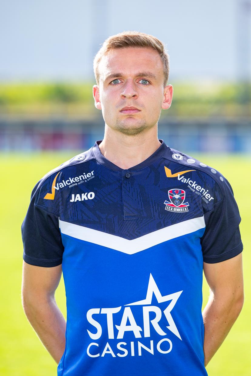 Dender's Jasper Van Oudenhove poses for a portrait at the 2024-2025 season photoshoot of Belgian Jupiler Pro League team FCV Dender EH, Monday 15 July 2024 in Denderleeuw. BELGA PHOTO KURT DESPLENTER