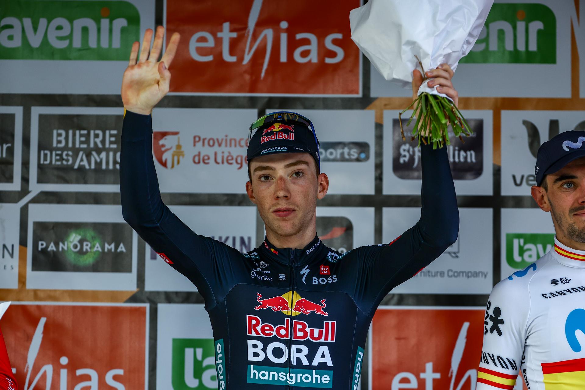 Spanish Roger Adria of Red Bull-Bora-Hansgrohe celebrates on the podium after winning the one day cycling race Grand Prix de Wallonie 2024 (202,3 km), from Blegny to the Citadelle de Namur, in Namur, on Wednesday 18 September 2024. BELGA PHOTO DAVID PINTENS
