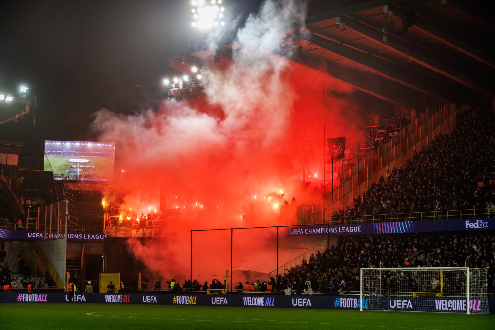 Marseille's supporters pictured ahead of a soccer game between Belgian Club Brugge and French Olympique de Marseille, Wednesday 28 January 2026 in Brugge, on day eight of the League phase of the UEFA Champions League tournament. BELGA PHOTO KURT DESPLENTER