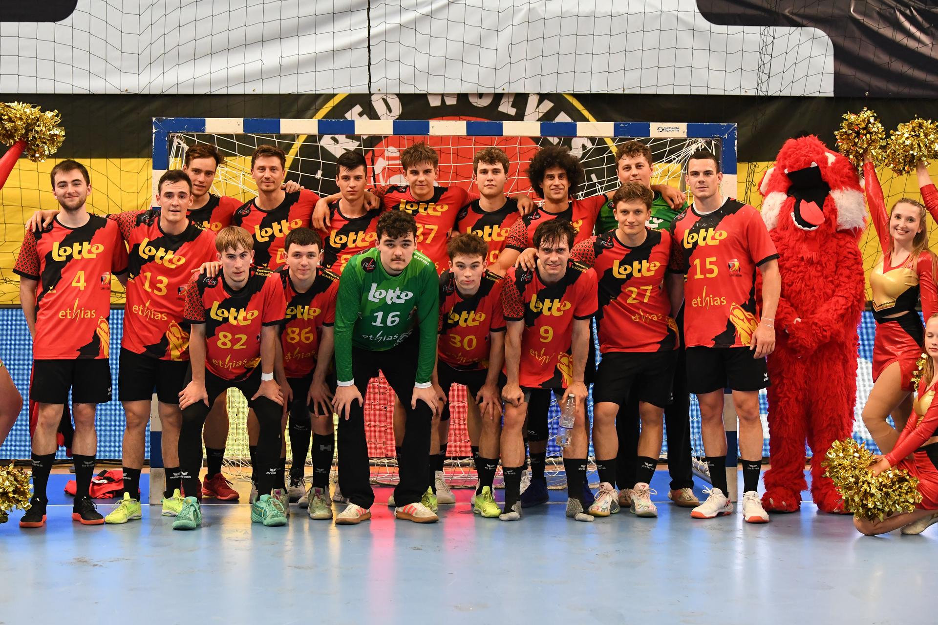 Belgium's players pictured after a handball game between Belgian national team 'Red Wolves' and Croatia, Wednesday 07 May 2025 in Hasselt, game 5/6 in the qualifications for the men's EHF Euro 2026 European Championship. BELGA PHOTO JILL DELSAUX