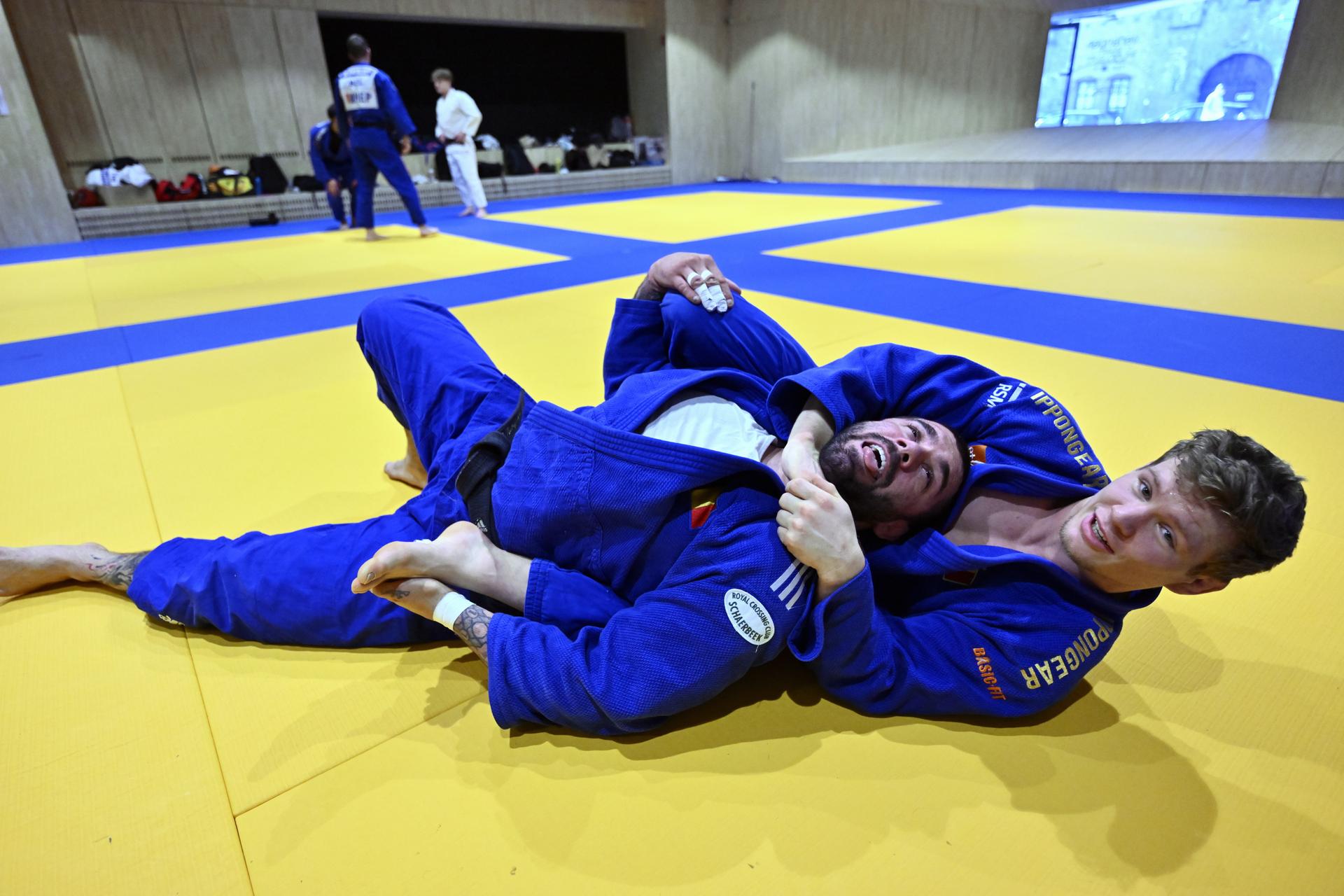 Belgian Toma Nikiforov and Belgian Matthias Casse pictured in action during a press moment of the Belgian selection for the upcoming European Championships judo, on Tuesday 15 April 2025 in Wilrijk. The euros are taking place in Podgorica, Montenegro from 23 to 27 April. BELGA PHOTO ERIC LALMAND