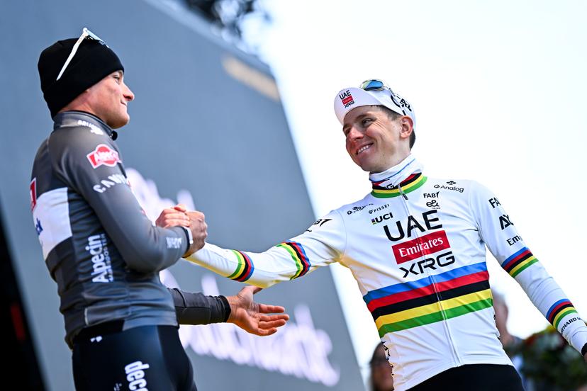 Dutch Mathieu van der Poel of Alpecin-Deceuninck and Slovenian Tadej Pogacar of UAE Team Emirates pictured on the podium after the men's race of the 'Ronde van Vlaanderen/ Tour des Flandres/ Tour of Flanders' one day cycling race, 268,9km from Brugge to Oudenaarde, Sunday 06 April 2025. BELGA PHOTO JASPER JACOBS