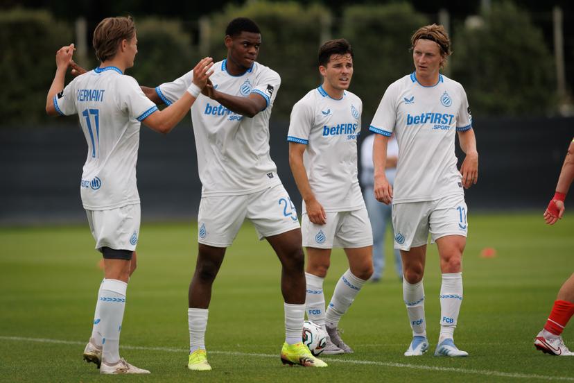 Club's Vince Osuji celebrates after scoring during a friendly game between Club Brugge and KV Kortrijk, Saturday 28 June 2025 in Knokke-Heist, in preparation of the upcoming 2025-2026 season. BELGA PHOTO KURT DESPLENTER