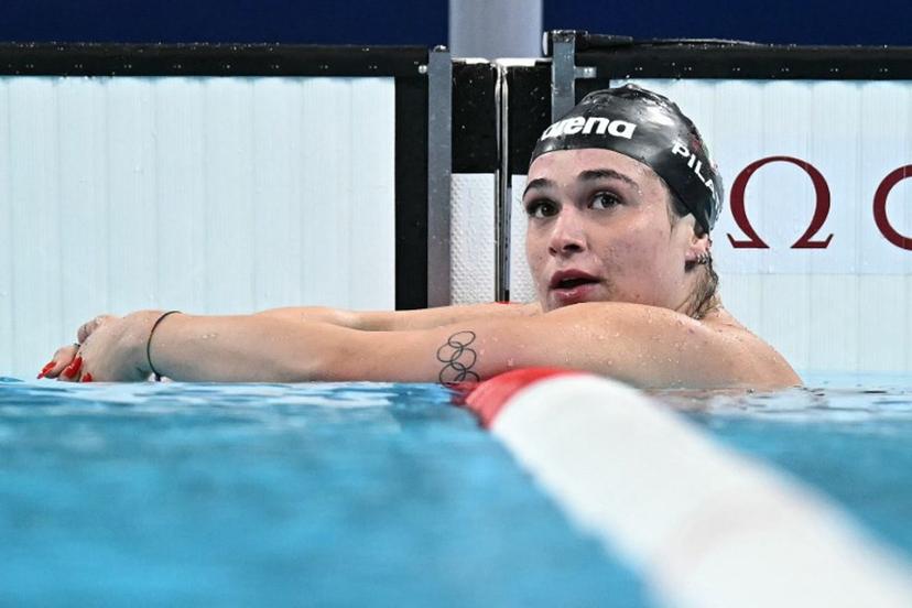 Italy's Benedetta Pilato reacts after competing in a semifinal of the men's 200m freestyle swimming event during the Paris 2024 Olympic Games at the Paris La Defense Arena in Nanterre, west of Paris, on July 28, 2024.  Manan VATSYAYANA / AFP