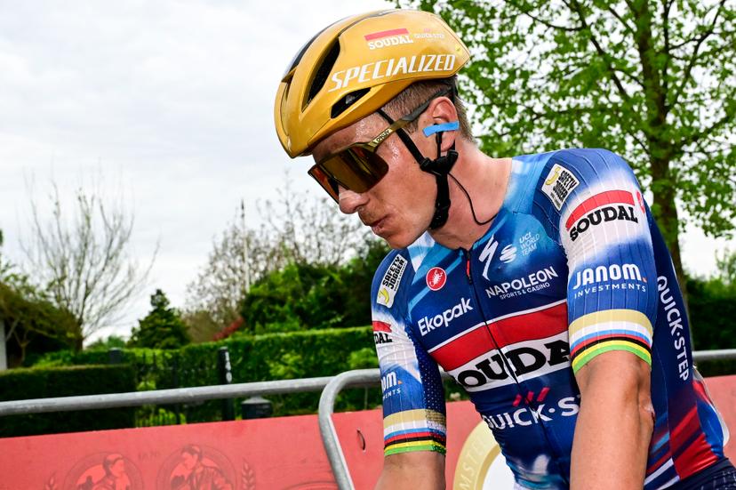 Belgian Remco Evenepoel of Soudal Quick-Step looks dejected after the men elite 'Amstel Gold Race' one day cycling race, 255,9 km from Maastricht to Valkenburg, The Netherlands, Sunday 20 April 2025. BELGA PHOTO DIRK WAEM