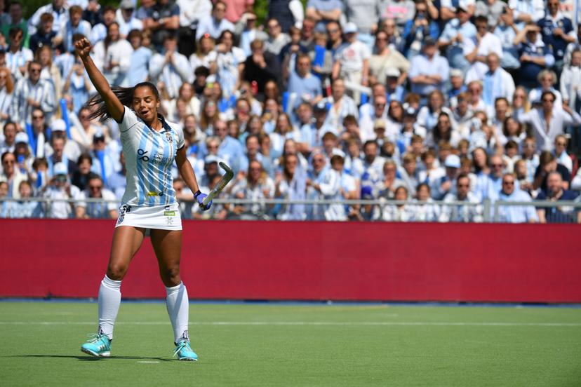 Gantoise's Ambre Ballenghien celebrates after scoring during a hockey game between KHC Dragons and Gantoise, Sunday 08 May 2022 in Louvain-la-Neuve, the return leg game in the finals of the play-offs of the women's Belgian League season 2021-2022. BELGA PHOTO JOHN THYS