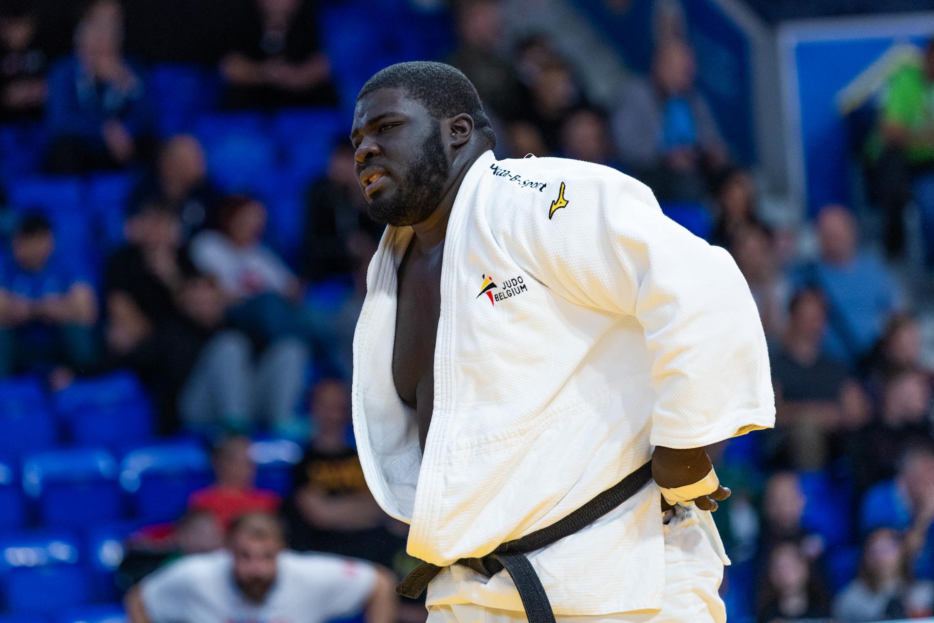 Belgian Yves Ndao pictured during a fight in the Men -100kg, at the European Judo Championships in Podgorica, Montenegro, on Friday 25 April 2025. The tournament is taking place from 23 tot 27 April 2025. BELGA PHOTO NIKOLA KRISTC