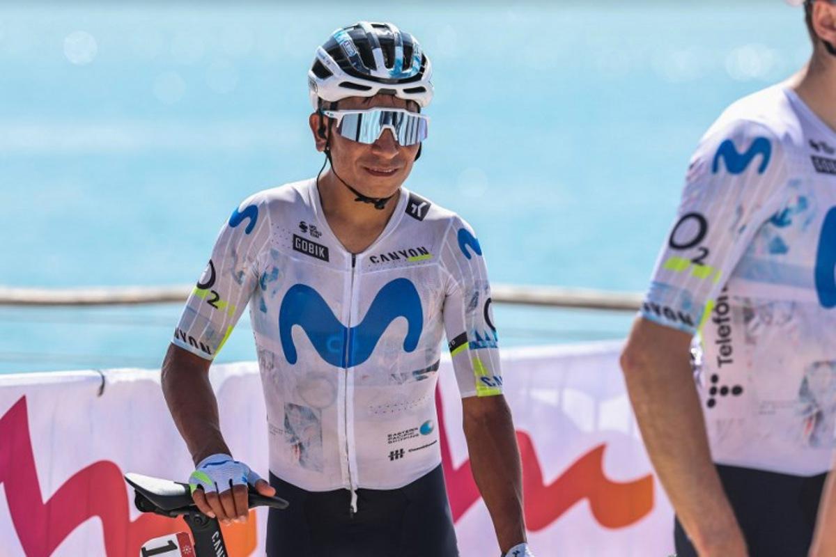 Movistar Team's Colombian rider Nairo Quintana Rojas prepares for the third stage of the UAE Tour cycling event from Umm al-Quwain to Jebel Mobrah in Umm al-Quwain on February 18, 2026.  Fadel SENNA / AFP