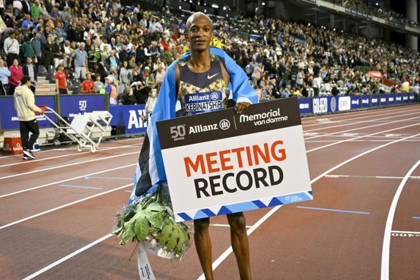 Botswana's Busang Collen Kebinatshipi celebrates after setting a meeting record and winning the men's 400m final during the World Athletics Diamond League athletics meeting at the King Baudouin Stadium in Brussels, on September 4, 2026.  NICOLAS TUCAT / AFP
