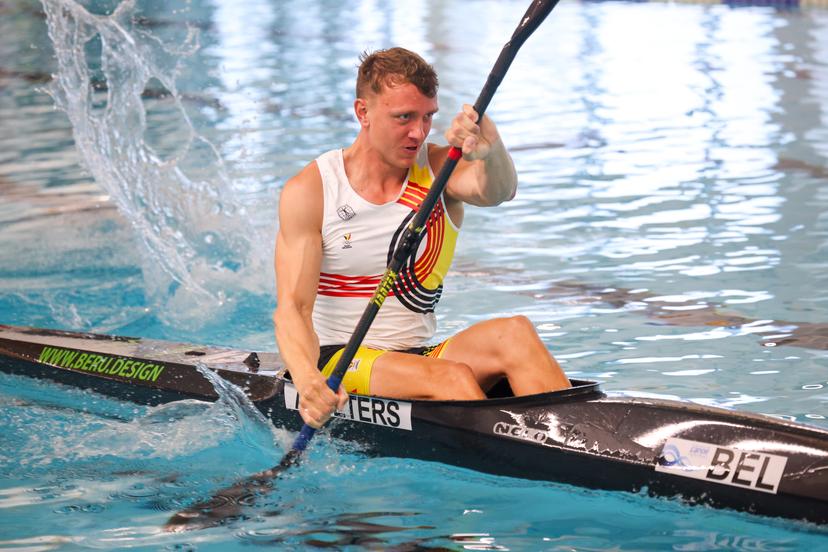 Belgian Artuur Peters pictured in action during a canoeing training session in preparation of the upcoming Olympic Games, Tuesday 16 July 2024 at the Wezenberg swimming pool in Antwerp. Belgian athletes are in full preparation for the 2024 Olympic Games in Paris, which will take place from July 26th to August 11th. BELGA PHOTO VIRGINIE LEFOUR