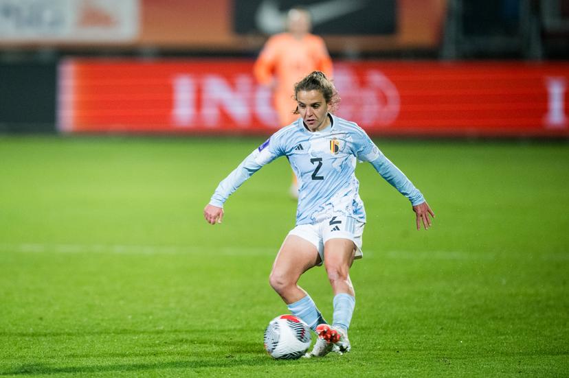 Belgium's Davina Philtjens pictured in action during a soccer match between Belgium's national women's team the Red Flames and the Netherlands, the final game (6/6) in group A1 of the 2023-2024 UEFA Women's Nations League competition, on Tuesday 05 December 2023, in Tilburg, the Netherlands. BELGA PHOTO JASPER JACOBS