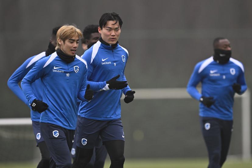 Genk's Junya Ito and Genk's Hyeon-Gyu Oh pictured during a training session of Belgian soccer team KRC Genk in Genk, on Wednesday 28 January 2026. The team is preparing for tomorrow's match against Swedish team Malmo FF, on day eight of the League phase of the UEFA Europa League tournament. BELGA PHOTO JOHAN EYCKENS