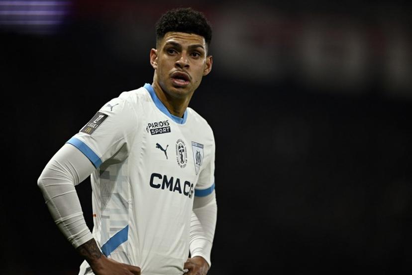 Marseille's Brazilian forward #44 Luis Henrique reacts during the French L1 football match between Paris Saint-Germain (PSG) and Olympique de Marseille (OM) at the Parc des Princes Stadium in Paris, on March 16, 2025.  JULIEN DE ROSA / AFP