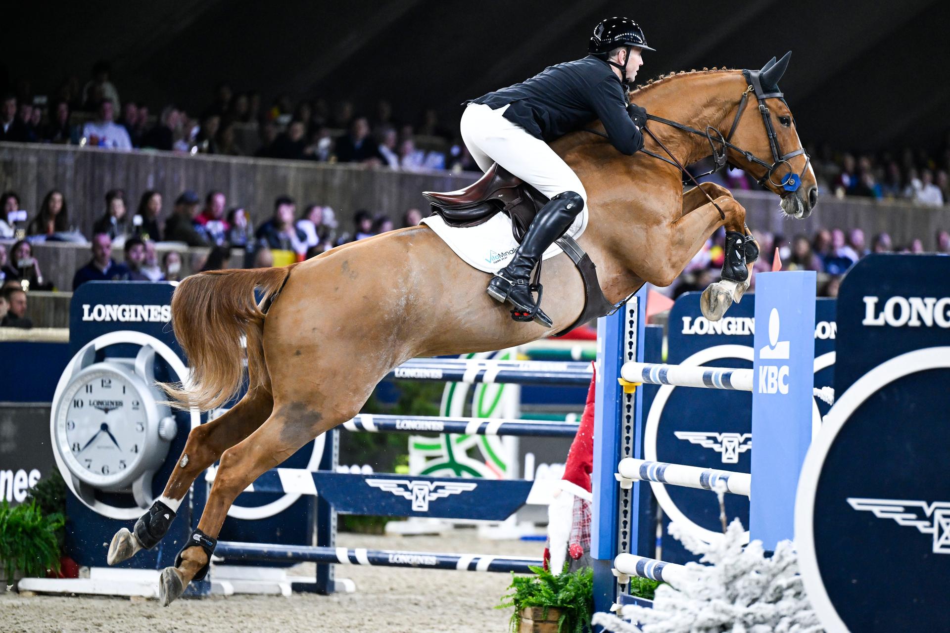 Belgian rider Koen Vereecke with Merryweather Vt Leeuwerikenhof pictured in action during the FEI World Cup Jumping competition at the 'Vlaanderens Kerstjumping - Memorial Eric Wauters' equestrian event in Mechelen on Monday 30 December 2024. BELGA PHOTO TOM GOYVAERTS