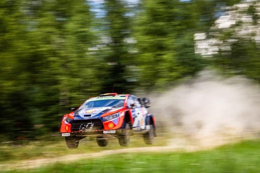 Belgian driver Thierry Neuville and co-driver Martijn Wydaeghe compete in their Hyundai i20 N Rally1 during the Otepaa stage of the WRC Rally Estonia, the eighth round of the FIA World Rally Championship, on July 19, 2025 near Otepaa, Estonia.  TIMO ANIS / AFP
