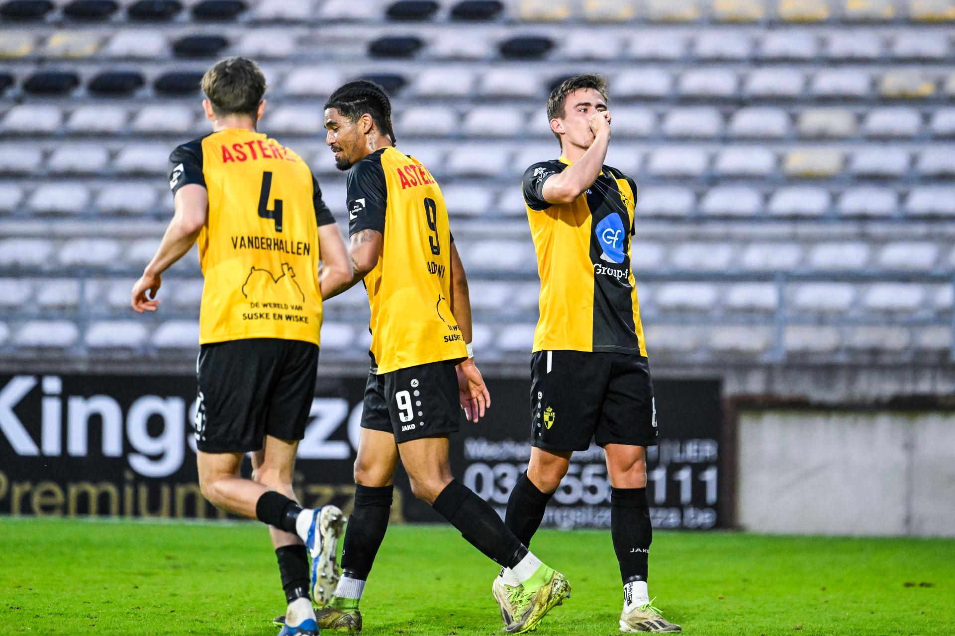 Lierse's Niklo Dailly celebrates after scoring during a soccer match between Lierse SK and Patro Eisden Maasmechelen, Friday 11 April 2025 in Lier, on day 29 of the 2024-2025 'Challenger Pro League' 1B second division of the Belgian championship. BELGA PHOTO TOM GOYVAERTS
