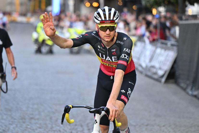 Belgian Tim Wellens of UAE Team Emirates celebrates after winning the 'Natourcriterium Aalst' cycling event, Monday 28 July 2025 in Aalst. The traditional 'criteriums' are local showcases for which mainly cyclists who rode the Tour de France are invited. BELGA PHOTO ERIC LALMAND