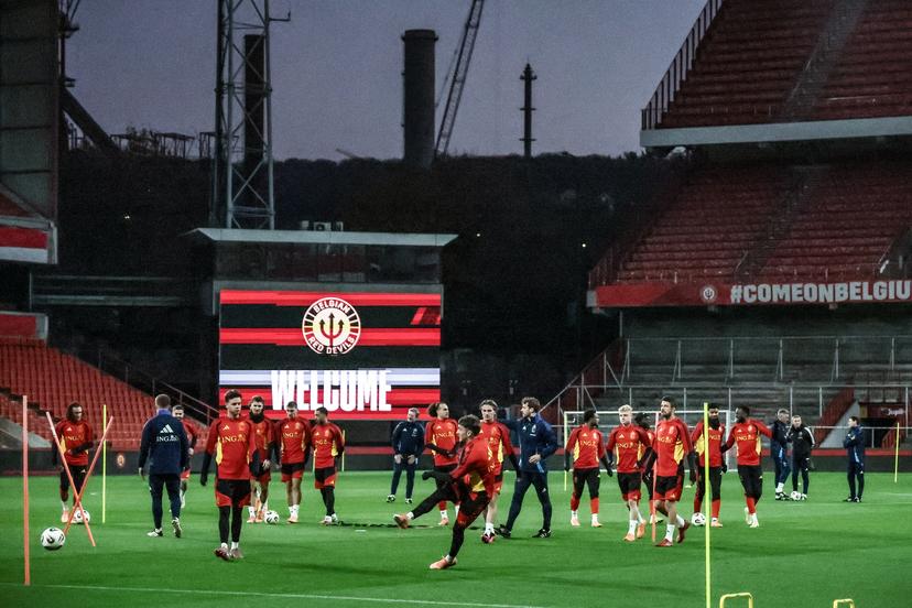 Belgium's players pictured during a training session of the Red Devils, the Belgian national soccer team, in Liege on Monday 17 November 2025. The team is preparing for its last World Cup 2026 qualification match against Liechtenstein tomorrow. BELGA PHOTO BRUNO FAHY