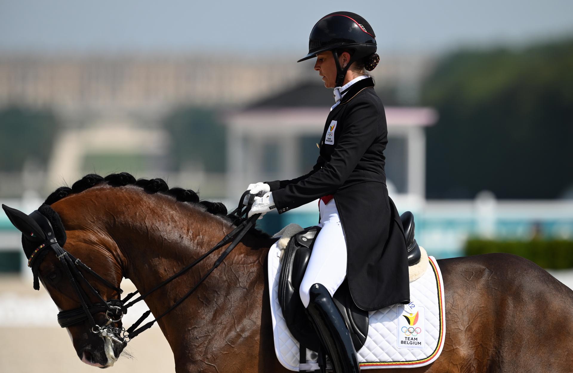 Belgian rider Larissa Pauluis pictured during qualifications for the individual and team dressage equestrian event at the Chateau de Versailles in Versailles, during the Paris 2024 Olympic Games, on Tuesday 30 July 2024 in Paris, France. The Games of the XXXIII Olympiad are taking place in Paris from 26 July to 11 August. The Belgian delegation counts 165 athletes competing in 21 sports. BELGA PHOTO ANTHONY BEHAR ****** *** BELGIUM ONLY ***