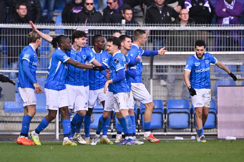 Genk's Robin Mirisola celebrates after scoring during a soccer match between KRC Genk and RSC Anderlecht, Sunday 08 February 2026 in Genk, a game of day 24 of the 2025-2026 'Jupiler Pro League' first division of the Belgian championship. BELGA PHOTO JOHAN EYCKENS