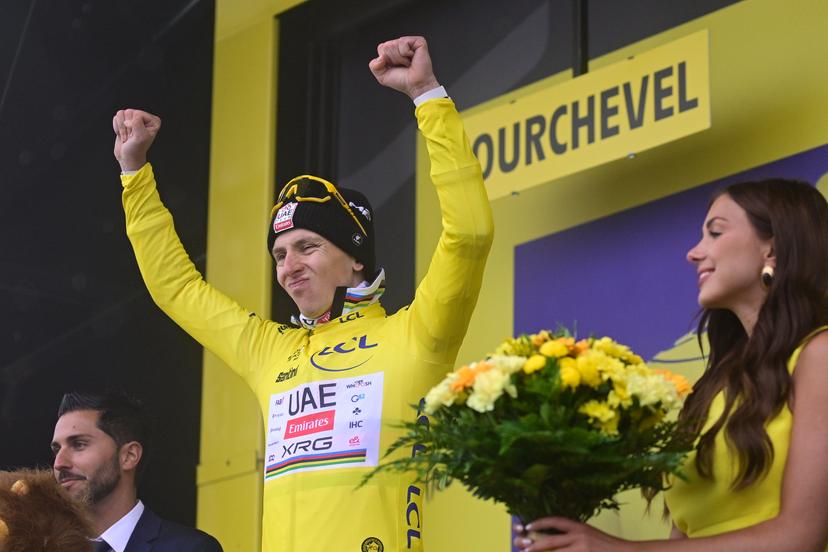 Slovenian Tadej Pogacar of UAE Team Emirates pictured on the podium after stage 18 of the 2025 Tour de France cycling race, from Vif to Courchevel Col de la Loze, on Thursday 24 July 2025 in France. The 112th edition of the Tour de France starts on Saturday 5 July in Lille, France, and will finish in Paris, France on the 27th of July.   BELGA PHOTO DIRK WAEM