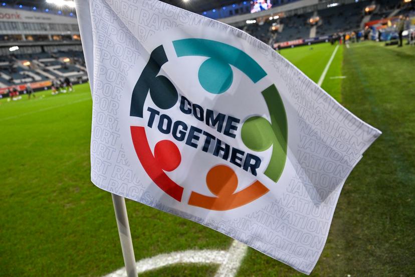 cornerflag with logo 'Come together on it' pictured ahead of a soccer match between KAA Gent and KAS Eupen, Sunday 19 March 2023 in Gent, on day 30 of the 2022-2023 'Jupiler Pro League' first division of the Belgian championship. BELGA PHOTO DAVID CATRY