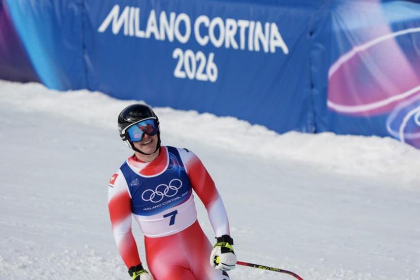 Switzerland's Franjo von Allmen reacts in the finish area of the men's super-G alpine skiing event during the Milano Cortina 2026 Winter Olympic Games at the Stelvio Ski Centre in Bormio (Valtellina) on February 11, 2026.  Dimitar DILKOFF / AFP
