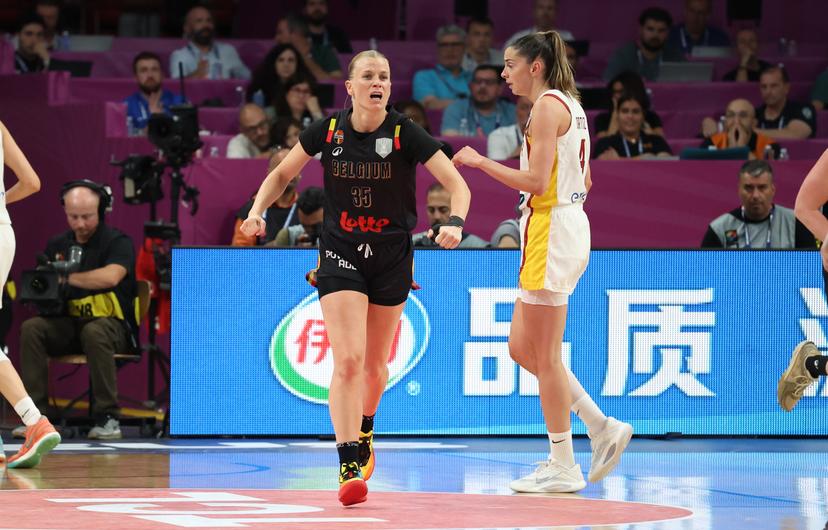 Belgium's Julie Vanloo celebrates during a basketball match between Spain and Belgian national team 'the Belgian Cats' on Sunday 29 June 2025 in Piraeus, Greece, the final of the FIBA Women's EuroBasket 2025. BELGA PHOTO VIRGINIE LEFOUR