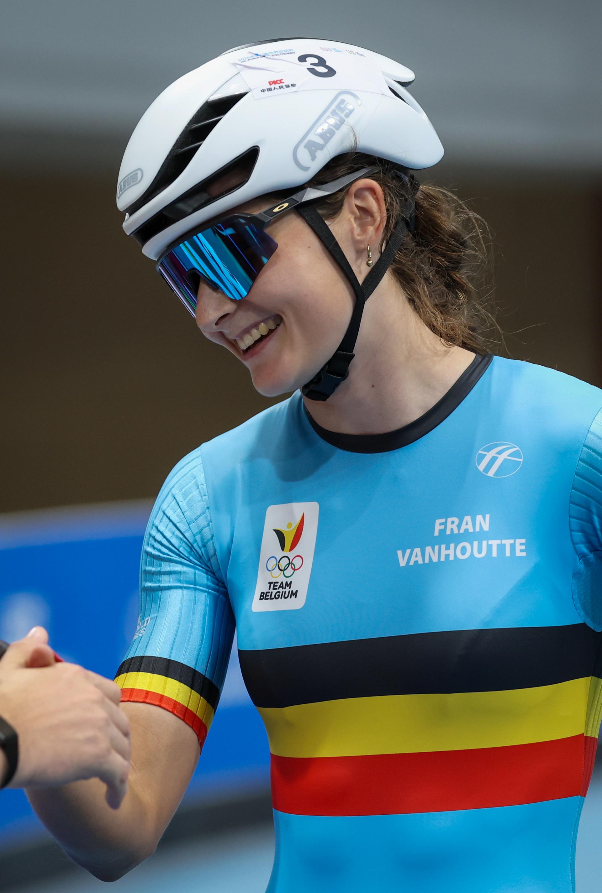 Belgian Fran Vanhoutte pictured after the Women's Speed Skating Track Dual Time Trial 200m final of speed skating competition during the World Games 2025, in Chenghdu, China, on Thursday 14 August 2025. This year, the World Games take place from 07 to 17 augustus. BELGA PHOTO VIRGINIE LEFOUR