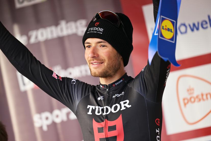 Italy's Luca Mozzato of Tudor Pro Cycling Team celebrates his second place on the podium after the 78th edition of the men elite race of the Kuurne-Brussels-Kuurne one day cycling race, 195 km from Kuurne to Kuurne via Brussels, Sunday 01 March 2026.  BELGA PHOTO DAVID PINTENS