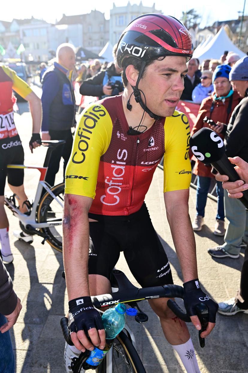 Belgian Milan Fretin of Cofidis pictured after a fall during the 'Classic Brugge-De Panne' men's elite one-day cycling race, 195,6 km from Brugge to De Panne, Wednesday 26 March 2025. BELGA PHOTO DIRK WAEM