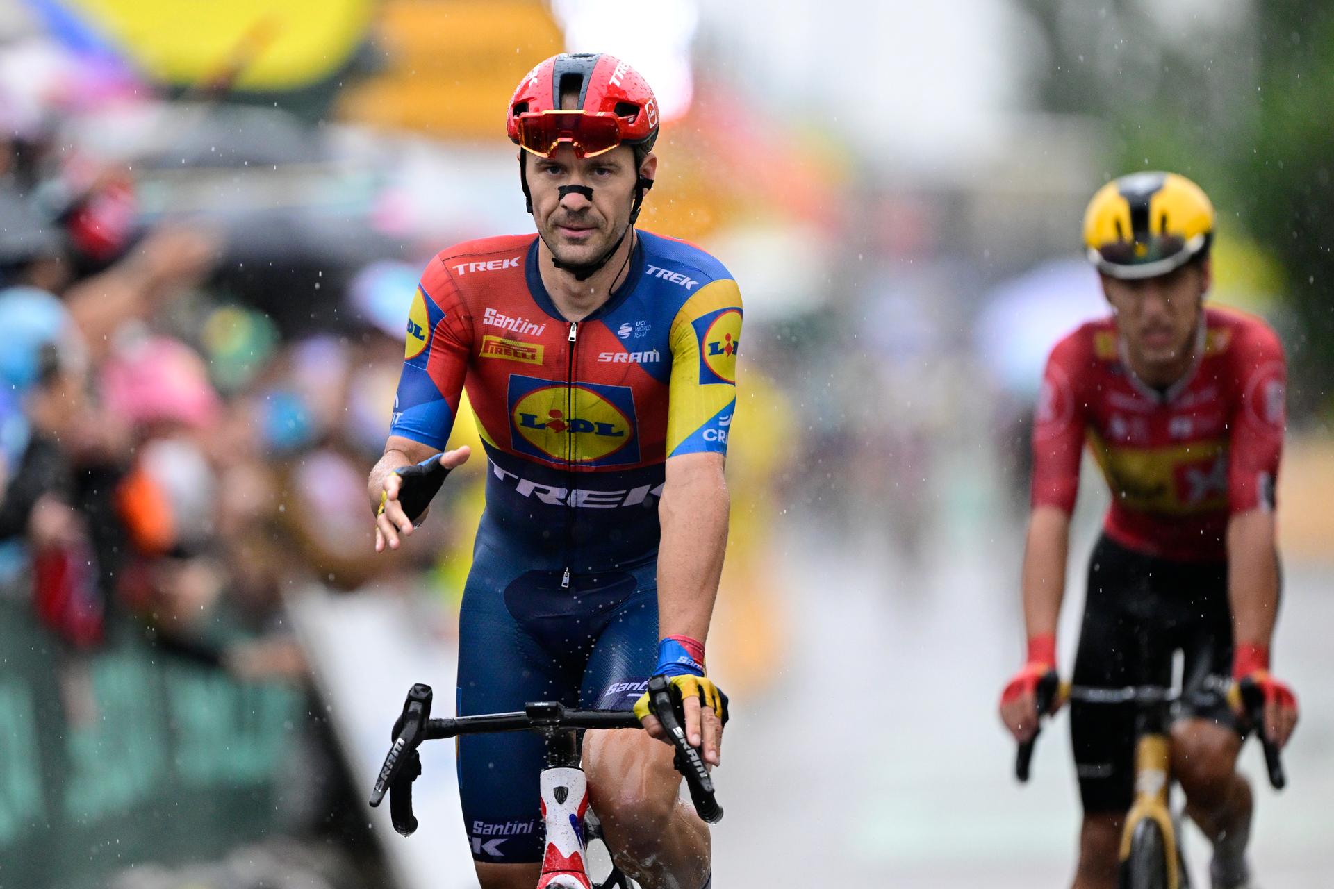 Belgian Edward Theuns of Lidl-Trek crosses the finish line of stage 17 of the 2025 Tour de France cycling race, from Bollene to Valence (161km), on Wednesday 23 July 2025 in France. The 112th edition of the Tour de France starts on Saturday 5 July in Lille, France, and will finish in Paris, France on the 27th of July.   BELGA PHOTO DIRK WAEM