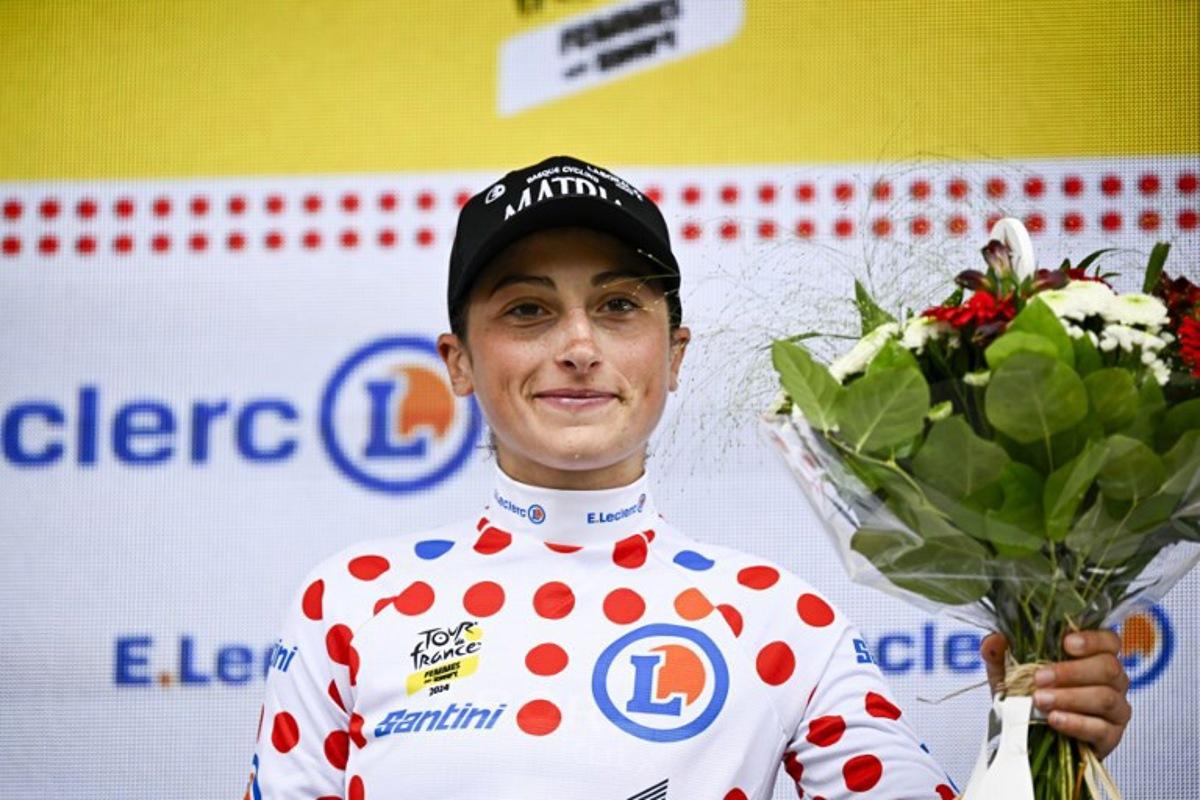 Laboral Kutxa - Fundacion Euskadi team's Italian rider Cristina Tonetti wearing the climber's dotted jersey celebrates on the podium after the 2nd stage (out of 8) of the third edition of the Women's Tour de France cycling race, 69,7 km between Dordrecht and Rotterdam, on August 13, 2024.  JULIEN DE ROSA / AFP