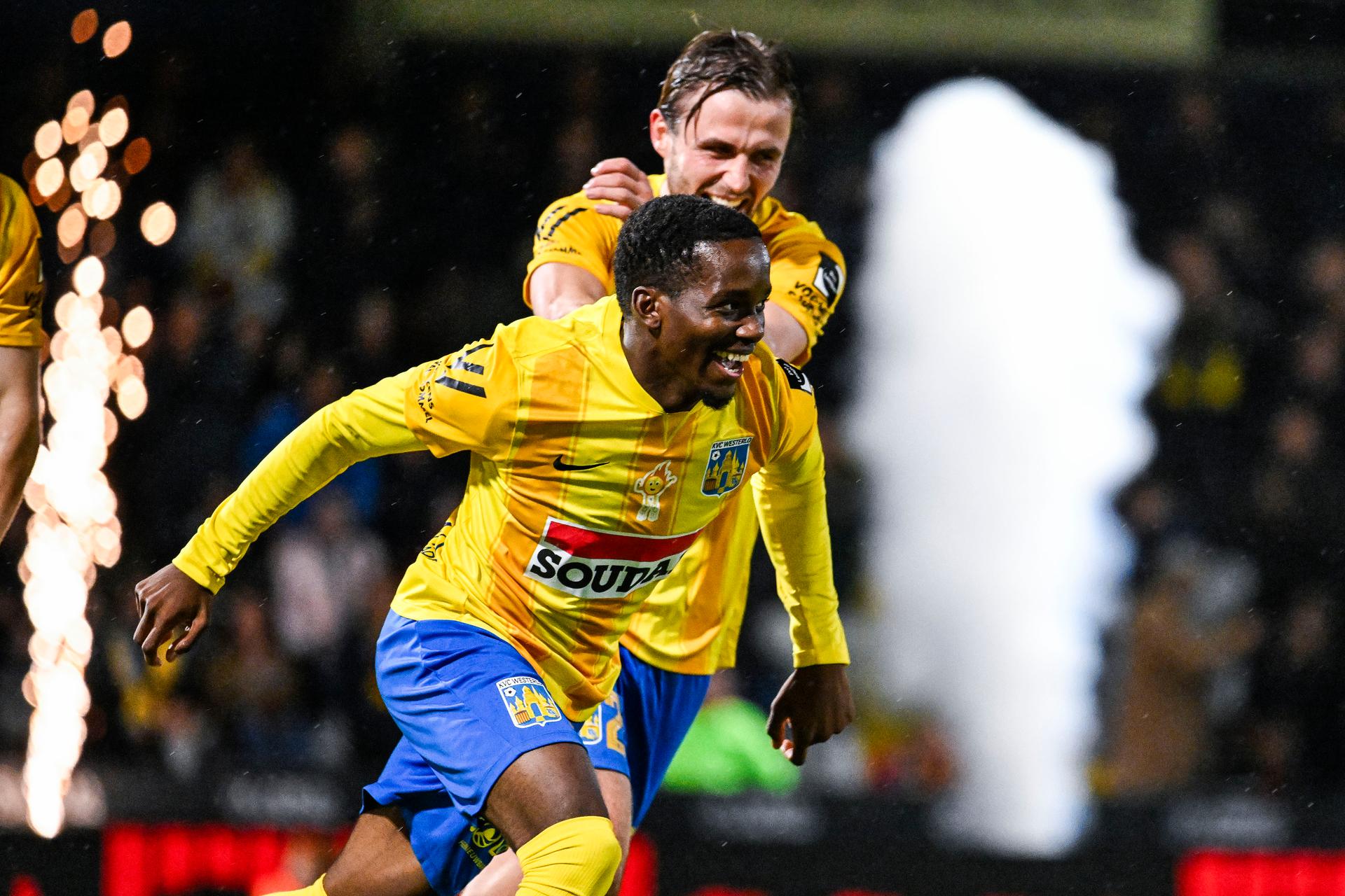 Westerlo's Adedire Mebude celebrates after scoring during a soccer match between KVC Westerlo and Oud-Heverlee Leuven, Sunday 05 October 2025 in Westerlo, on day 10 of the 2025-2026 'Jupiler Pro League' first division of the Belgian championship. BELGA PHOTO TOM GOYVAERTS