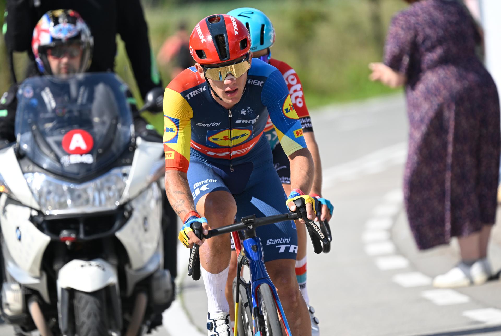 Belgian Thibau Nys of Lidl-Trek and Belgian Arjen Livyns of Lotto Dstny pictured in action during the men's elite race of the Belgian Championships cycling, 220 km, from Sint-Lievens-Houtem to Zottegem, on Sunday 23 June 2024. BELGA PHOTO POOL TOM GOYVAERTS