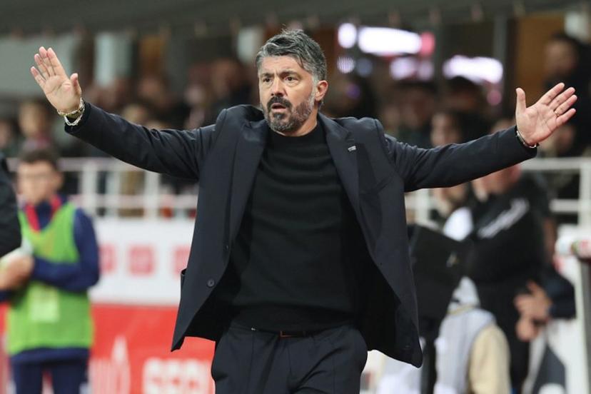 Marseillle's Italian head coach Gennaro Gattuso reacts during the French L1 football match between Stade Brestois 29 (Brest) and Olympique de Marseille (OM) at the Francis-Le Ble stadium in Brest, western France, on February 18, 2024.   FRED TANNEAU / AFP