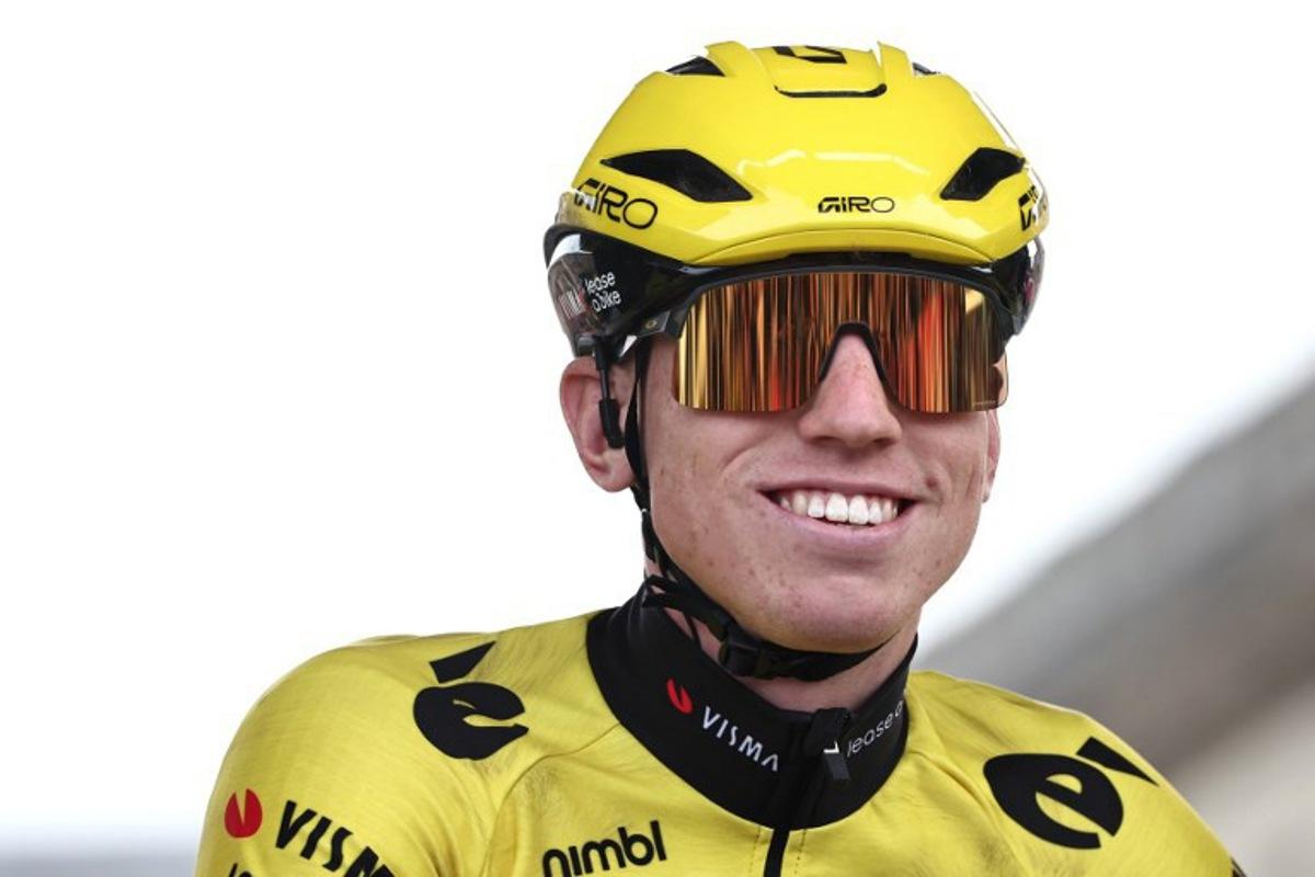 Team Visma - Lease a Bike's British rider Matthew Brennan arrives at the start of the 123rd edition of the Paris-Roubaix one-day classic cycling race, 258.3 km between Compiègne and Roubaix, northern France, on April 12, 2026.   Anne-Christine POUJOULAT / AFP