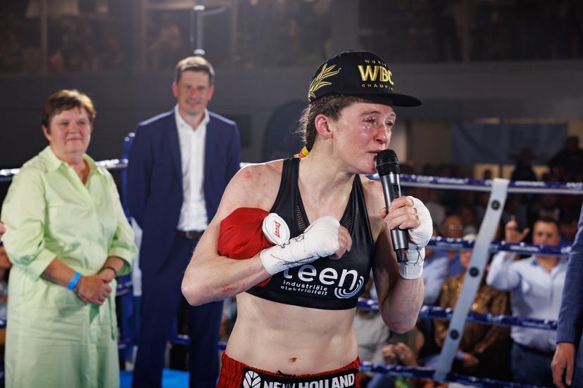 Belgian Delfine Persoon delivers a speech at the fight between Belgian Delfine Persoon and Korean Bo Mi Re Shin, for the WBC Silver Super Feather title women title, Sunday 28 May 2023, in Torhout. BELGA PHOTO KURT DESPLENTER