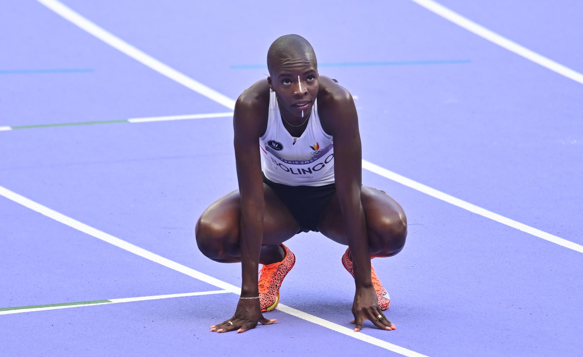 Belgian athlete Cynthia Bolingo Mbongo looks dejected after the Women's 400m round 1 of the athletics competition at the Paris 2024 Olympic Games, on Monday 05 August 2024 in Paris, France. The Games of the XXXIII Olympiad are taking place in Paris from 26 July to 11 August. The Belgian delegation counts 165 athletes competing in 21 sports. BELGA PHOTO DIRK WAEM