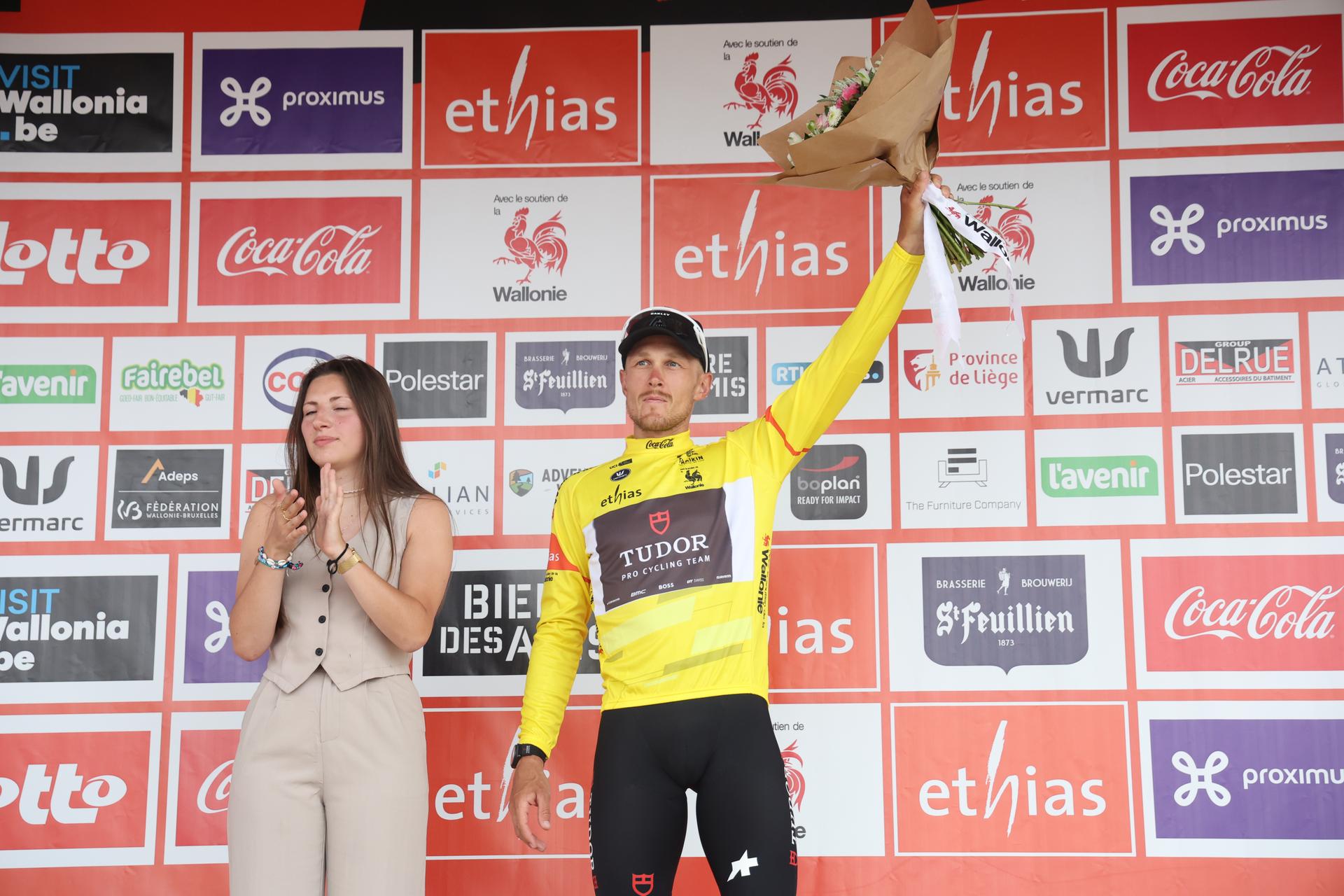 Italian Matteo Trentin of Tudor Pro Cycling Team celebrates on the podium after stage 3 of the Tour De Wallonie cycling race, from Mouscron to Thuin (192 km), Friday 26 July 2024. This year's Tour de Wallonie takes place from 22 to 26 July 2023. BELGA PHOTO VIRGINIE LEFOUR