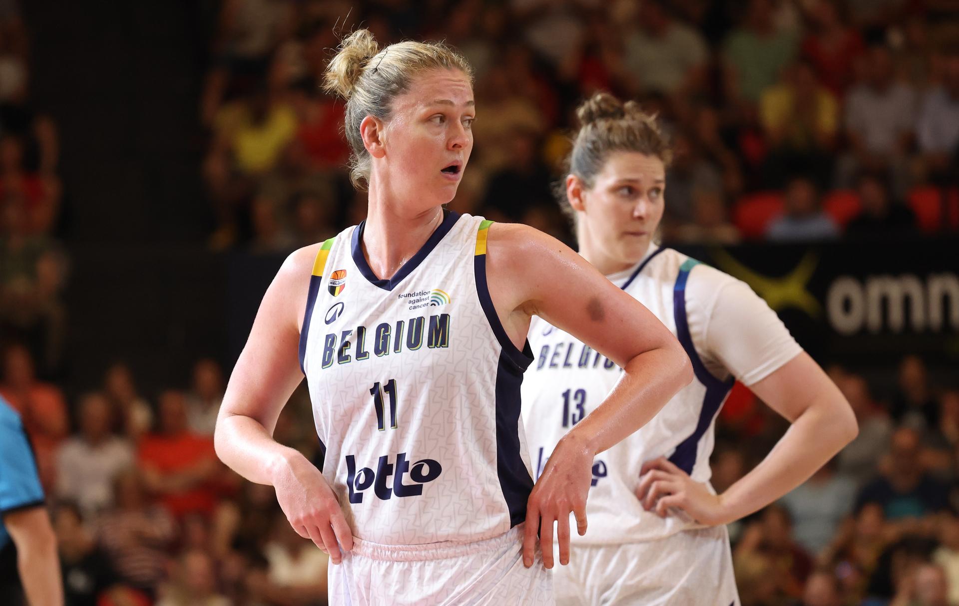 Belgium's Emma Meesseman and Belgium's Kyara Linskens pictured during a friendly basket game between Belgium's national team Belgian Cats and Germany, in Oostende, on Saturday 14 June 2025. BELGA PHOTO VIRGINIE LEFOUR