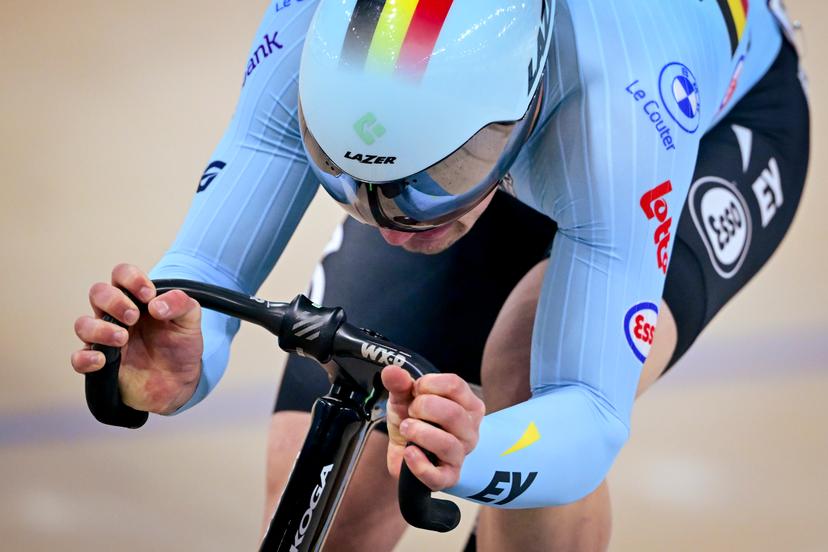 Belgian Lowie Nulens pictured in action during the men's sprint qualifications on day 3 of the 2026 UEC Track Elite European Championships, in Konya, Turkey, Tuesday 03 February 2026. The European Championships take place from 01 to 05 February 2026. BELGA PHOTO DIRK WAEM